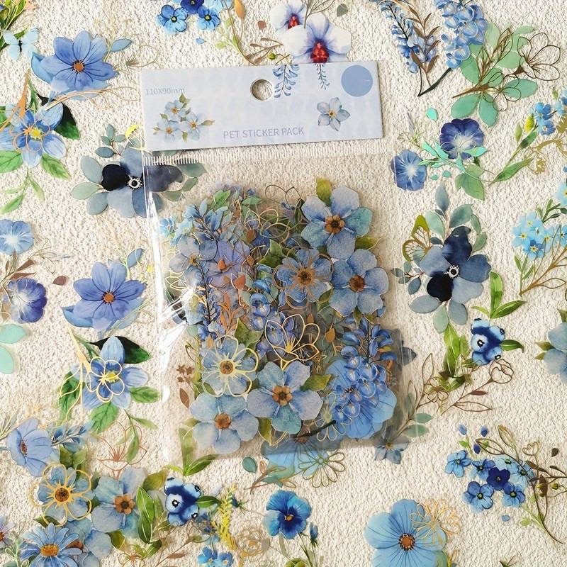 Vibrant blue flower sticker pack, clear pressed flower stickers