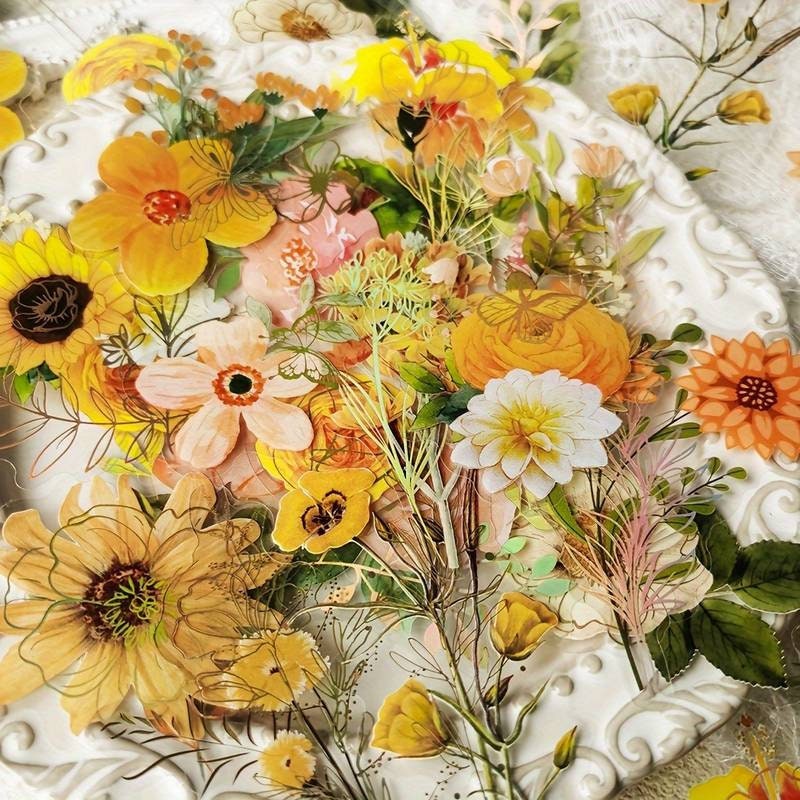 Vibrant yellow flower sticker pack, clear pressed flower stickers, sunflowers