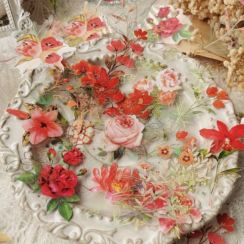 Vibrant pink and red romantic flower sticker pack, clear pressed flower stickers