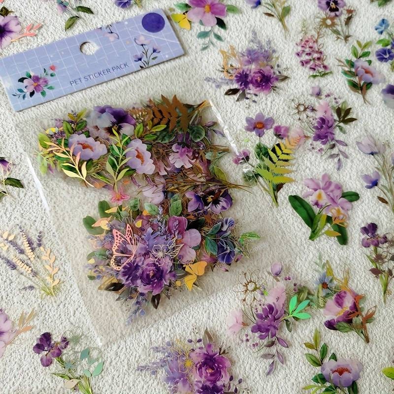 Vibrant purple misty flower sticker pack, clear pressed flower stickers