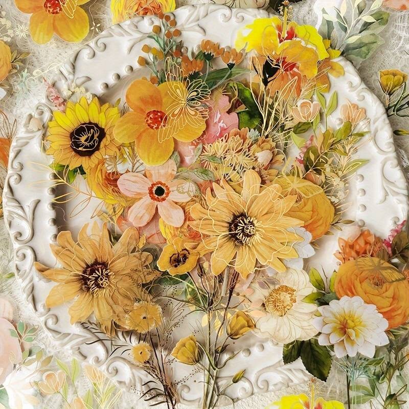 Vibrant yellow flower sticker pack, clear pressed flower stickers, sunflowers