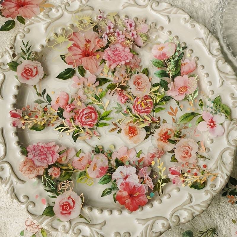 Soft pink romantic flower sticker pack, clear pressed flower stickers, roses