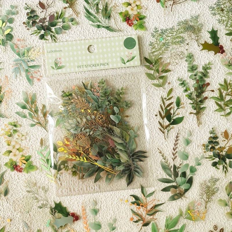 Pale green woody flower sticker pack, clear pressed flower stickers